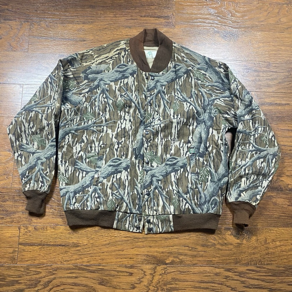Vintage Mossy Oak Camo Bomber Jacket Mens XL Bottomland Cotton Made in USA